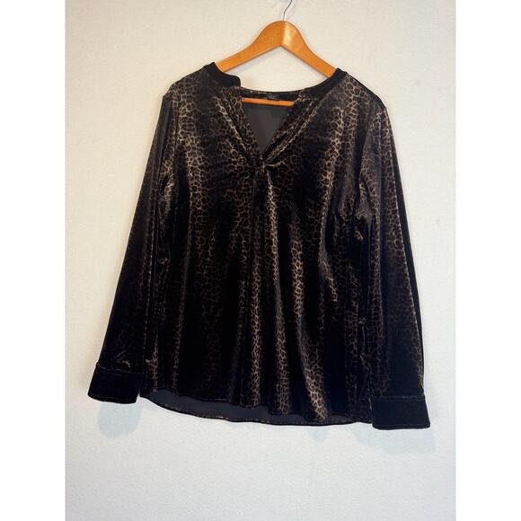 Investments II Velvet Leopard Blouse Burnout Top Long Sleeves Black Brown Sz 1X - Picture 1 of 8